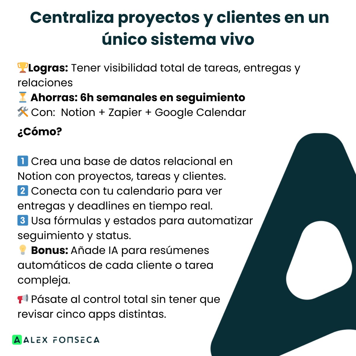 Xandre_Fonseca's tweet image. La automatización es una pasada, pero ¿Sabes qué más te va a ahorrar tiempo y recursos? Exacto, tener todo centralizado y tener la visibilidad total de tareas, entregas y relaciones. Te doy una fórmula para conseguirlo:
#NotionEspañol #GestiónDeProyectos #NotionAI