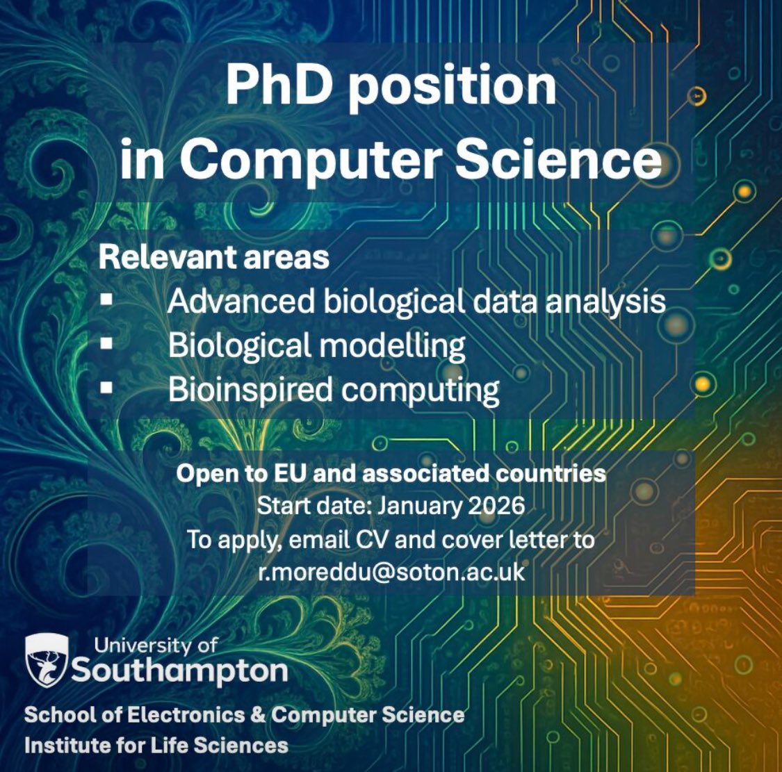 Rosalia Moreddu (@rosaliamoreddu) on Twitter photo 🇪🇺📣 Seeking a candidate to bring forward for a departmentally funded #PhD position <a href="/unisouthampton/">University of Southampton</a> in one of the 3 thematic areas outlined below.
💻 Eligibility: strong interest in #biophysical systems & master degree in computer science.
#computational #bioinspired 🇪🇺📣 Seeking a candidate to bring forward for a departmentally funded #PhD position <a href="/unisouthampton/">University of Southampton</a> in one of the 3 thematic areas outlined below.
💻 Eligibility: strong interest in #biophysical systems & master degree in computer science.
#computational #bioinspired