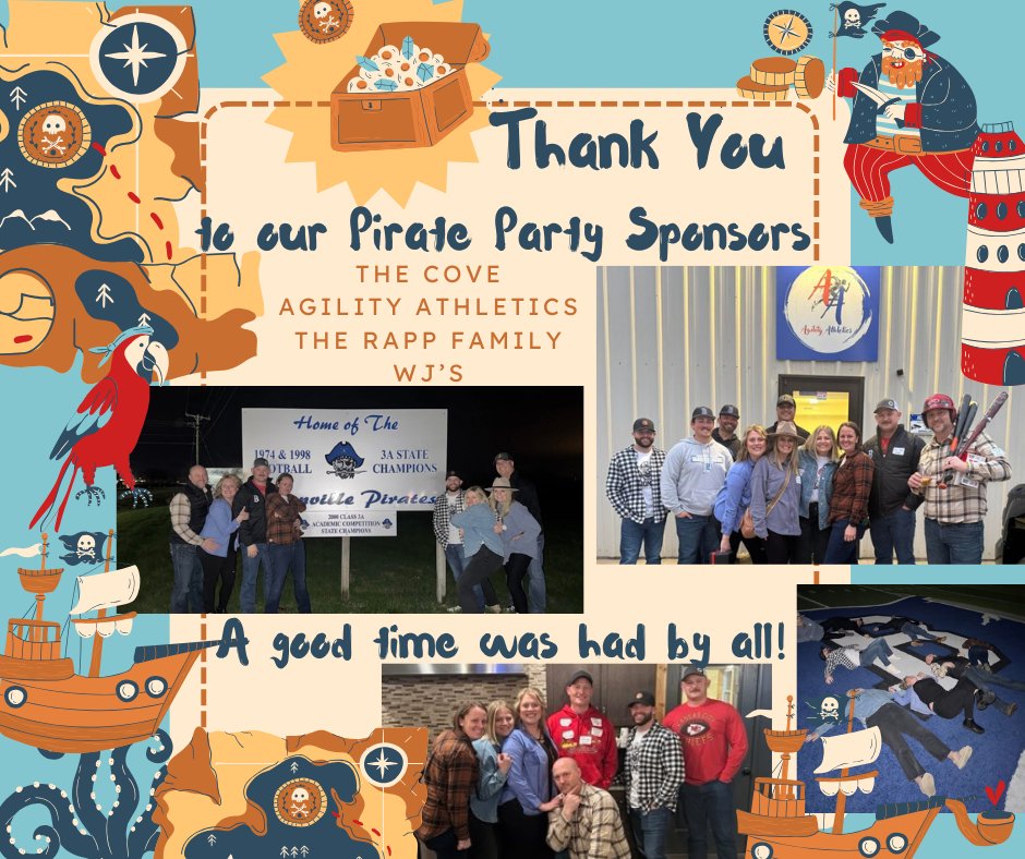 We'd like to give a sincere THANK YOU to our Pirate Booster Club sponsors for supporting the Pirate Party Progressive Dinner and to those who purchased this fun event!  It looks like a great time was had by all!

@thecoveboonville @kimbproperties Emily Rapp <a href="/wjsboonville/">WJ's Boonville</a>