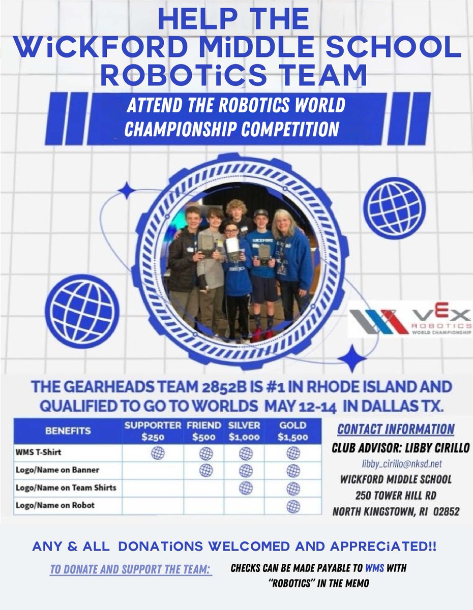 Quonset (@quonsetri) on Twitter photo The <a href="/WickfordMiddle/">Wickford Middle</a> robotics team has qualified for the world championship, and they need our help! Quonset is a proud member of the NK community, and we'd love to see these students represent our town.
To sponsor their endeavor, donations can be mailed to the address below. The <a href="/WickfordMiddle/">Wickford Middle</a> robotics team has qualified for the world championship, and they need our help! Quonset is a proud member of the NK community, and we'd love to see these students represent our town.
To sponsor their endeavor, donations can be mailed to the address below.
