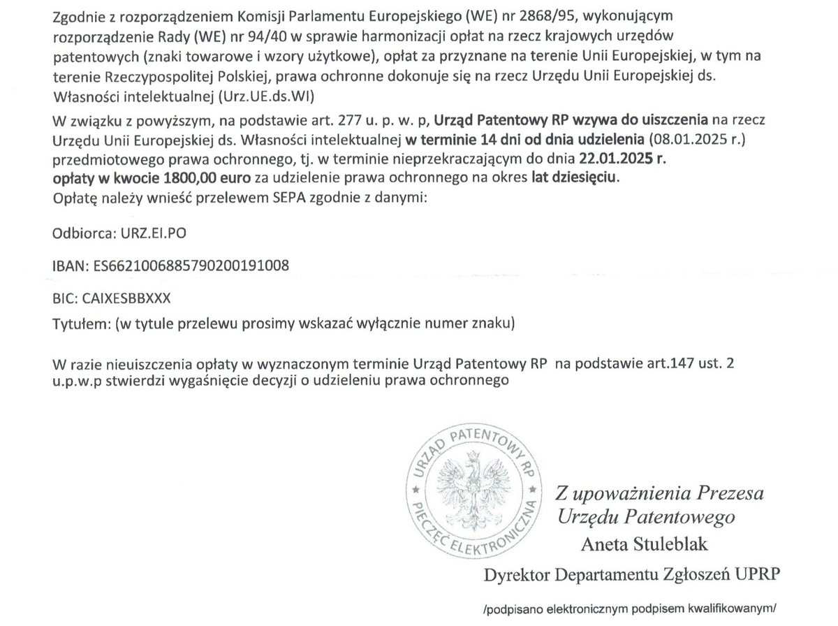 Chciałem szybko zastrzec nowy logotyp w Urzędzie Patentowym. Tydzień później — list priorytetowy.
1800€ do zapłaty na konto w Hiszpanii 🇪🇸.

Brzmi legitnie? Nie bardzo. 🚩
To znany schemat oszustów wyłapujących zgłoszenia patentowe.
List nadany… w Wieliczce.

Czy naprawdę
