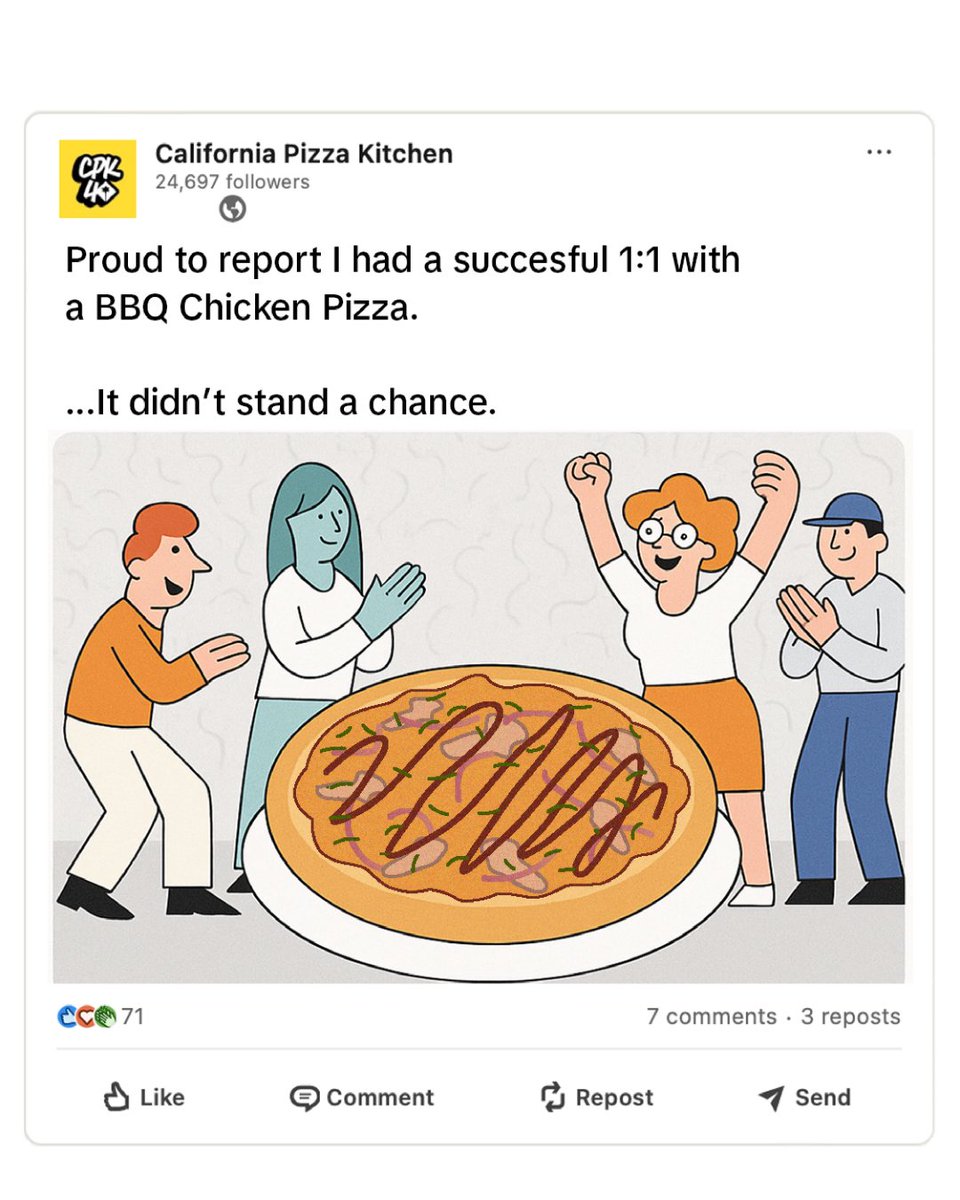 Honored to spearhead today’s lunchtime initiative featuring a BBQ Chicken Pizza. Delivered results ahead of schedule.