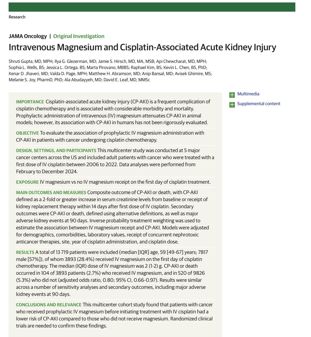 Yüksel Ćrün (@dryukselurun) on Twitter photo A simple move, a big impact:
Giving IV magnesium before cisplatin cut kidney injury risk by 20%!
Safe. Cheap. Available.
<a href="/JAMAOnc/">JAMA Oncology</a> <a href="/OncoAlert/">OncoAlert</a> <a href="/OncBrothers/">Oncology Brothers</a> <a href="/Larvol/">LARVOL</a>
jamanetwork.com/journals/jamao⦠A simple move, a big impact:
Giving IV magnesium before cisplatin cut kidney injury risk by 20%!
Safe. Cheap. Available.
<a href="/JAMAOnc/">JAMA Oncology</a> <a href="/OncoAlert/">OncoAlert</a> <a href="/OncBrothers/">Oncology Brothers</a> <a href="/Larvol/">LARVOL</a>
jamanetwork.com/journals/jamaoā¦