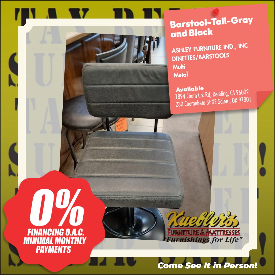 kueblers1974's tweet image. Elevate your space with ASHLEY's sleek Barstool-Tall in Gray &amp;amp; Black! Shop now for style &amp;amp; comfort in every seat! 🪑✨ #BarStoolStyle

bit.ly/3AsVa9x

1894 Churn Crk Rd, Redding, CA 96002
230 Chemeketa St NE Salem, OR 97301