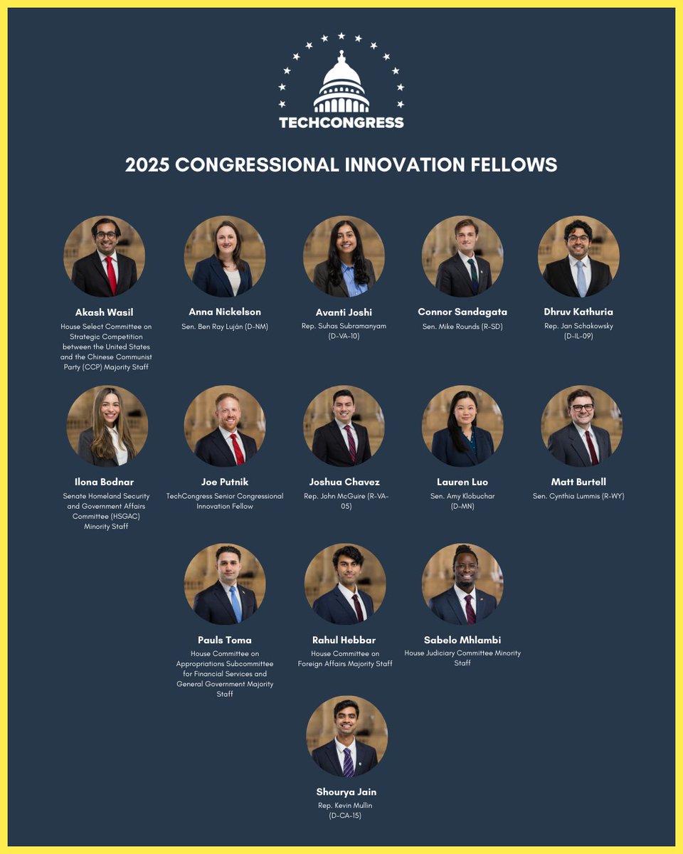 TechCongress (@congressfellows) on Twitter photo 📢 <a href="/congressfellows/">TechCongress</a> is proud to introduce our 2025 Congressional Innovation Fellows!
This year, 14 #tech experts are going to get firsthand experience on Capitol Hill while learning about the ins and outs of #tech legislation -- follow along to meet our fellows! ✅ 📢 <a href="/congressfellows/">TechCongress</a> is proud to introduce our 2025 Congressional Innovation Fellows!
This year, 14 #tech experts are going to get firsthand experience on Capitol Hill while learning about the ins and outs of #tech legislation -- follow along to meet our fellows! âś…