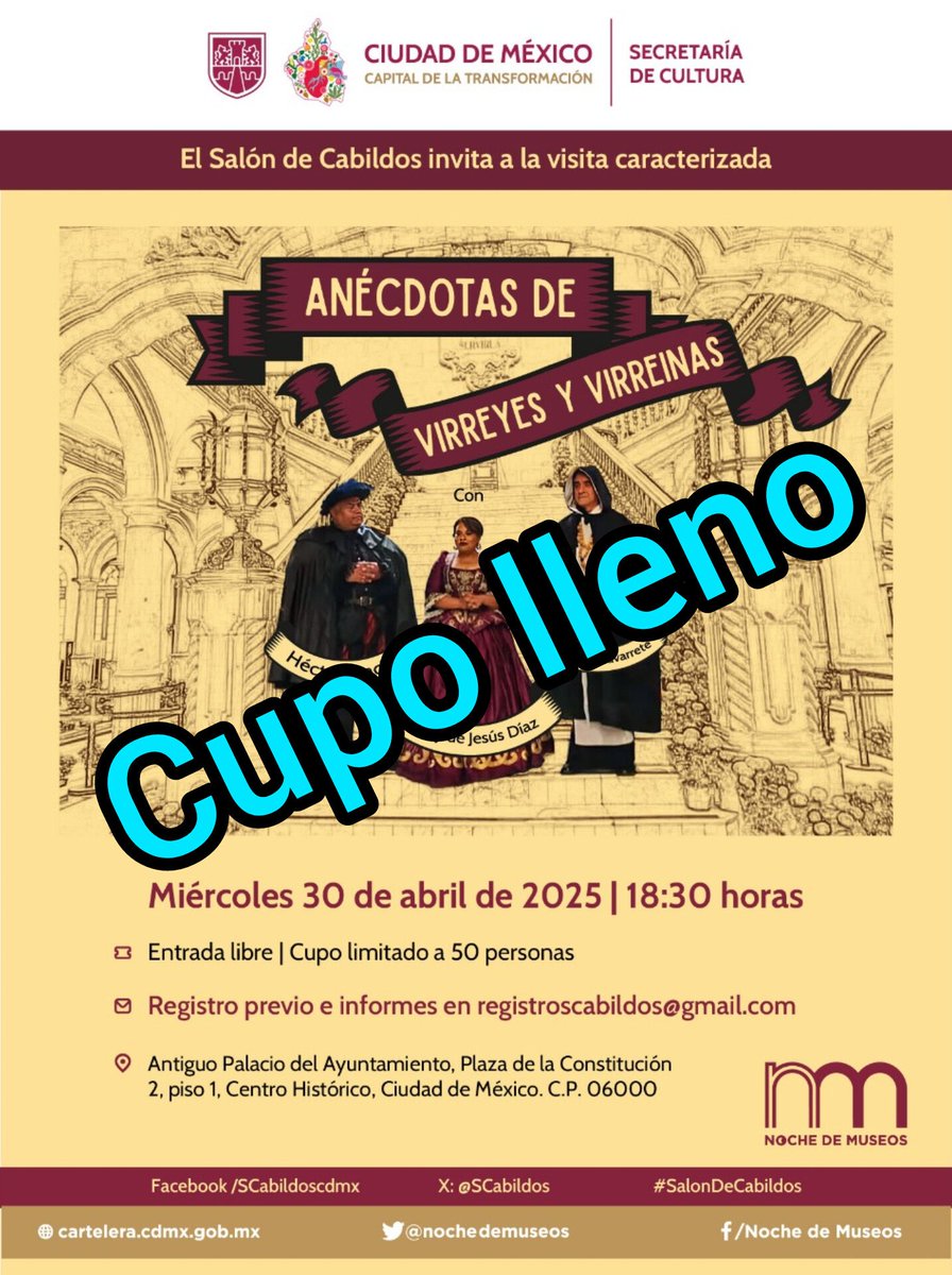 Ya tenemos cupo lleno para nuestra actividad de #NocheDeMuseos ¡Gracias por su preferencia!
#SalonDeCabildos