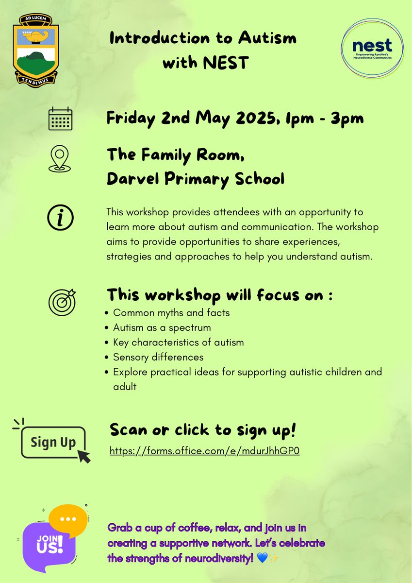 🧠NEST Autism Workshop - All welcome. 🧠

NEST Autism Workshop on Fri 2nd May, 1pm - 3pm in Darvel Primary School. Families are welcome to attend any time during this time. 

Click the link to sign up now: forms.office.com/e/S5C8YUnCRD