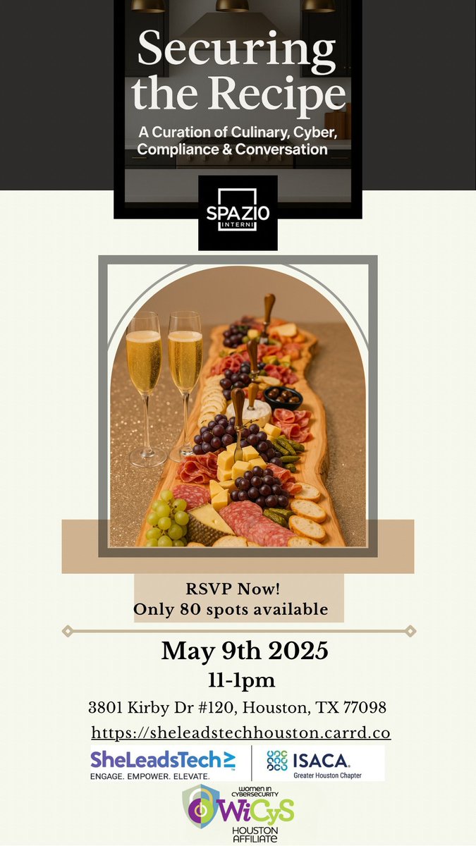Join SheLeadsTech for an intimate afternoon where cyber meets culinary—complete with elevated conversations, champagne, and a curated charcuterie experience in a luxury kitchen showroom.

Only 80 seats RSVP now:
lnkd.in/gBy37677

#SheLeadsTech #GRC #ISACA #WiCyS