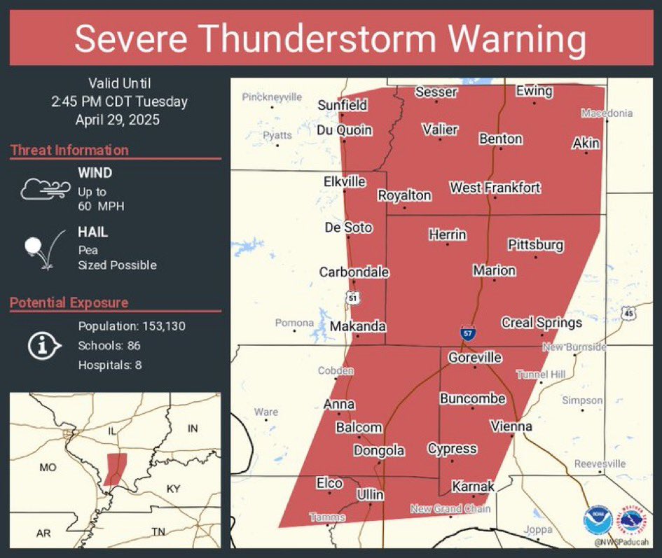The National Weather Service has issued a SEVERE THUNDERSTORM WARNING for Williamson County until 2:45 p.m.