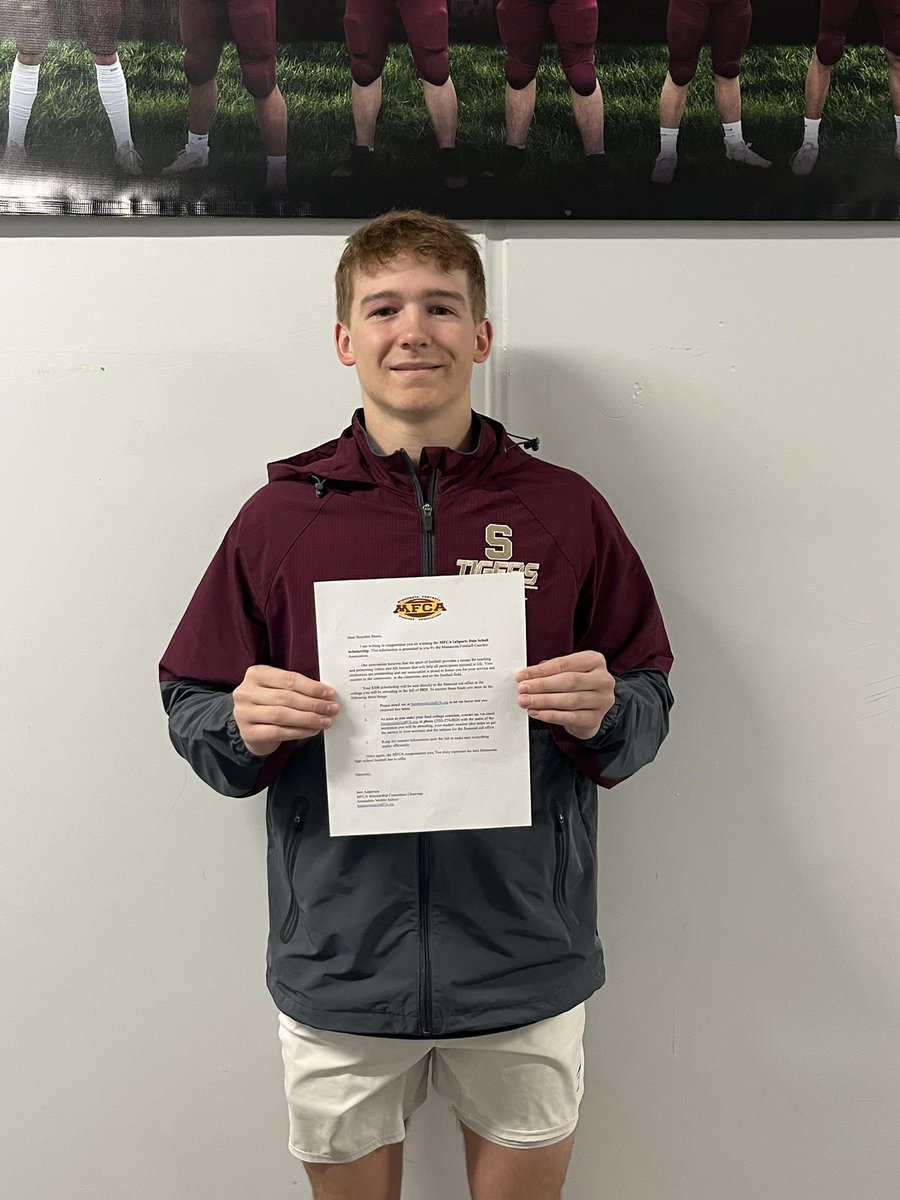 SHS Football (@tigerfootballtp) on Twitter photo Congratulations to Brayden Sturm for being selected to receive one of the Minnesota Football Coaches Association scholarships! Thank you to the <a href="/mfca_now/">MFCA-The Keepers of the Game</a> for providing support to our athletes! Congratulations to Brayden Sturm for being selected to receive one of the Minnesota Football Coaches Association scholarships! Thank you to the <a href="/mfca_now/">MFCA-The Keepers of the Game</a> for providing support to our athletes!