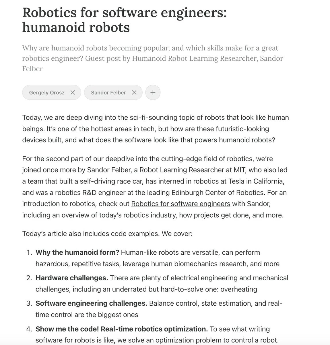 Pragmatic_Eng's tweet image. What is it like to build humanoid robots, as a software engineer? Today's deepdive goes into the software side of this industry - but before we do, we need to talk about hardware. With Sandor Felber, formerly Humanoid Robot Learning Researcher at MIT:
newsletter.pragmaticengineer.com/p/humanoid-rob…