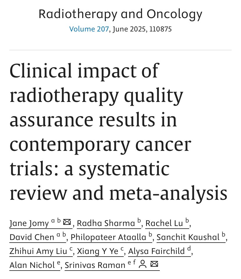 📌 Clinical impact of radiotherapy quality assurance results in contemporary cancer trials: a systematic review and meta-analysis

sciencedirect.com/science/articl…

👉🏻Radiotherapy quality assurance (RTQA) is critical to clinical trials.
👉🏻This is the first meta-analysis of contemporary