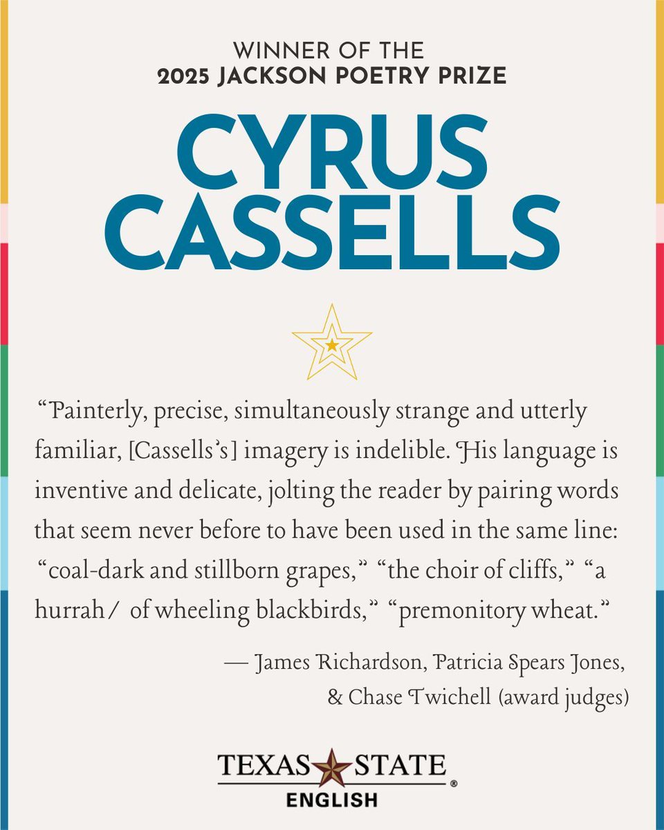 Proud to announce that #TXSTEnglish Professor Cyrus Cassells has won the prestigous 2025 Jackson Poetry Prize, which carries a monetary award of $100,000 💫 <a href="/txstmfa/">Texas State MFA</a> <a href="/txst_news/">TXST News</a>

Read the press release and more award info: pw.org/about-us/news-…