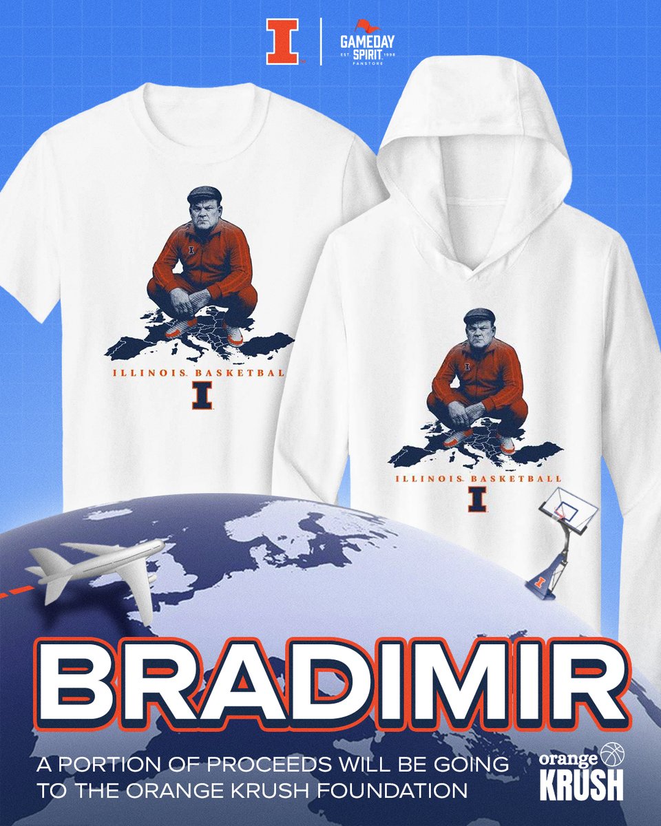 Gameday Spirit | Illinois (@gamedayspirit) on Twitter photo Available now! Bradimir t-shirt and hooded tee!
Gameday Spirit has teamed up with Brad Underwood and Illinois Basketball to bring you an exclusive NEW drop! A portion of every sale will be donated to the Orange Krush Foundation!
<a href="/IlliniMBB/">Illinois Men's Basketball</a> <a href="/CoachUnderwood/">Brad Underwood</a> <a href="/IlliniAthletics/">Illinois Athletics</a> Available now! Bradimir t-shirt and hooded tee!
Gameday Spirit has teamed up with Brad Underwood and Illinois Basketball to bring you an exclusive NEW drop! A portion of every sale will be donated to the Orange Krush Foundation!
<a href="/IlliniMBB/">Illinois Men's Basketball</a> <a href="/CoachUnderwood/">Brad Underwood</a> <a href="/IlliniAthletics/">Illinois Athletics</a>