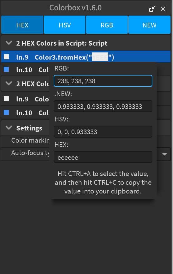 bkmazefe_'s tweet photo. Was tired of not seeing previews for Hex colors on Roblox Studio so I made a plugin that shows previews for Hex colors and then some more! With this plugin you can see a list of all the colors in your current active script!

Get the plugin for free: https://t.co/TnXfXkcyIl

#RobloxDev #Roblox