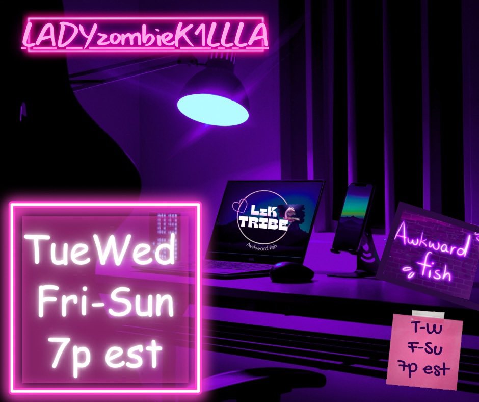 ladyzombiek1lla's tweet photo. On tonight at 7 est!! Can’t wait to see all my tribe!! Much love to you guys for keeping it so fun and positive I luuuuuuv y’all !! https://t.co/ejPZcD1wdy 

#lzktribe
#twitchstreamer 
#awkwardfish https://t.co/WKeL7yGm89