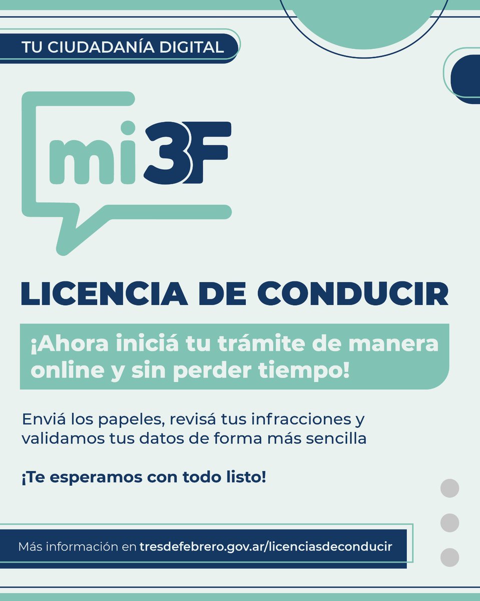 Municipalidad3F's tweet photo. 📲 🪪 Con #Mi3F ahora podés iniciar el tramite de la Licencia de Conducir 100% online estés donde estés.
Subí tu documentación, revisá infracciones, pagá multas y llegá al turno con todo listo.
👉 Más información en: https://t.co/8Grig1u1xV https://t.co/DpJyaiHXSW
