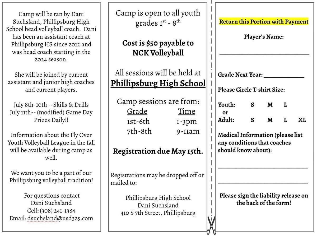 🏐 Calling All Volleyball Players! 🏐

Join us for the Youth Volleyball Camp 

📅 July 7th-10th
🕘 1-3pm
📍 Phillipsburg High School Gym
🎯 1st-6th

Led by the Phillipsburg coaching staff and players
 A chance for athletes to sharpen skills, learn the game, and build confidence