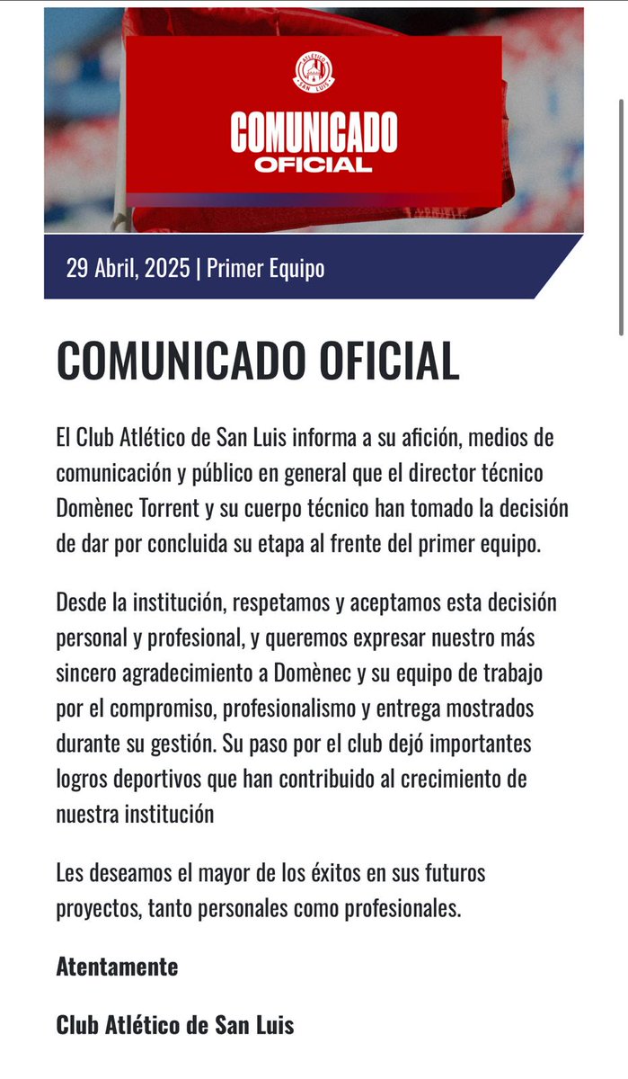 PressPortmx's tweet photo. 🚨 #COMUNICADO.

Domènec Torrent ha tomado la decisión de dejar el cargo de Director Técnico de @AtletideSanLuis tras un año al frente de los potosinos. 

#LigaMX https://t.co/93vLhSXrnw