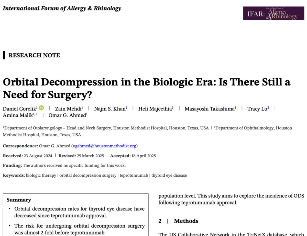 otohns's tweet image. Compelling evidence showing a decrease in orbital decompressions after the availability of Tepezza (teprotumumab).  Corroborates what we are seeing in our clinics.
@sinusspecialist @HMethodistOTO @HMethodistMD @ifar_journal 
onlinelibrary.wiley.com/doi/full/10.10…