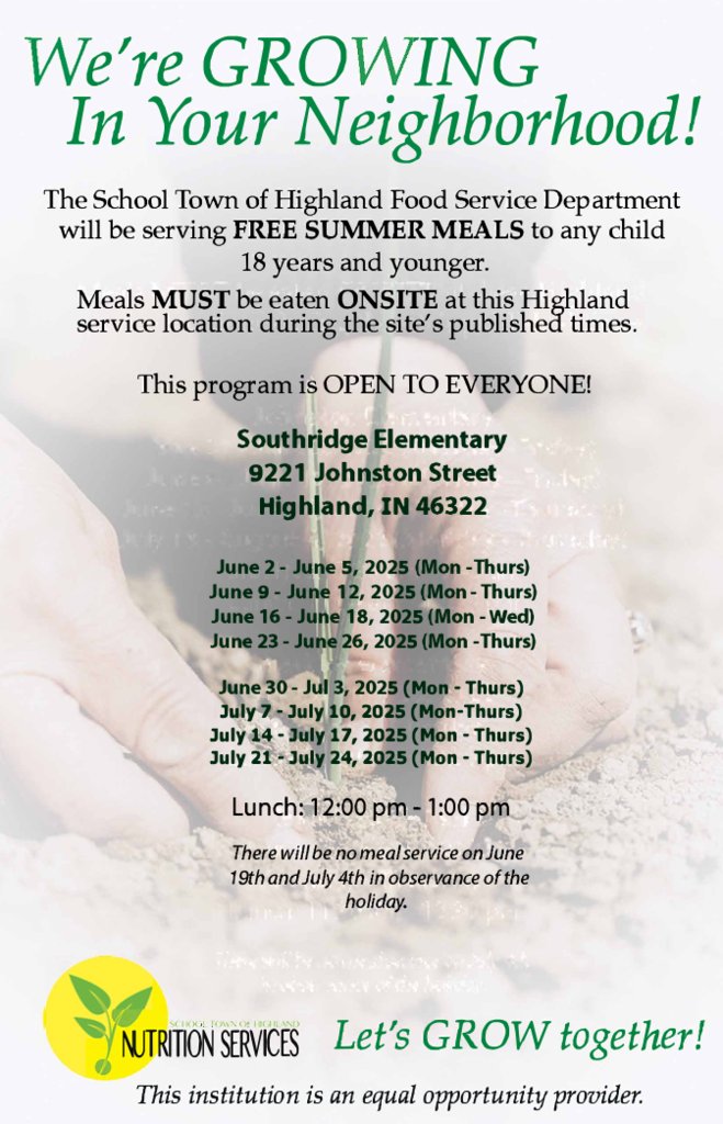 The STOH Food Services Department is excited to share information on free summer meals for 2025! Please see the image below. -- ¡El Departamento de Servicios de Alimentos de STOH quiere compartir información sobre el programa de comida gratis este verano! Aquí está: