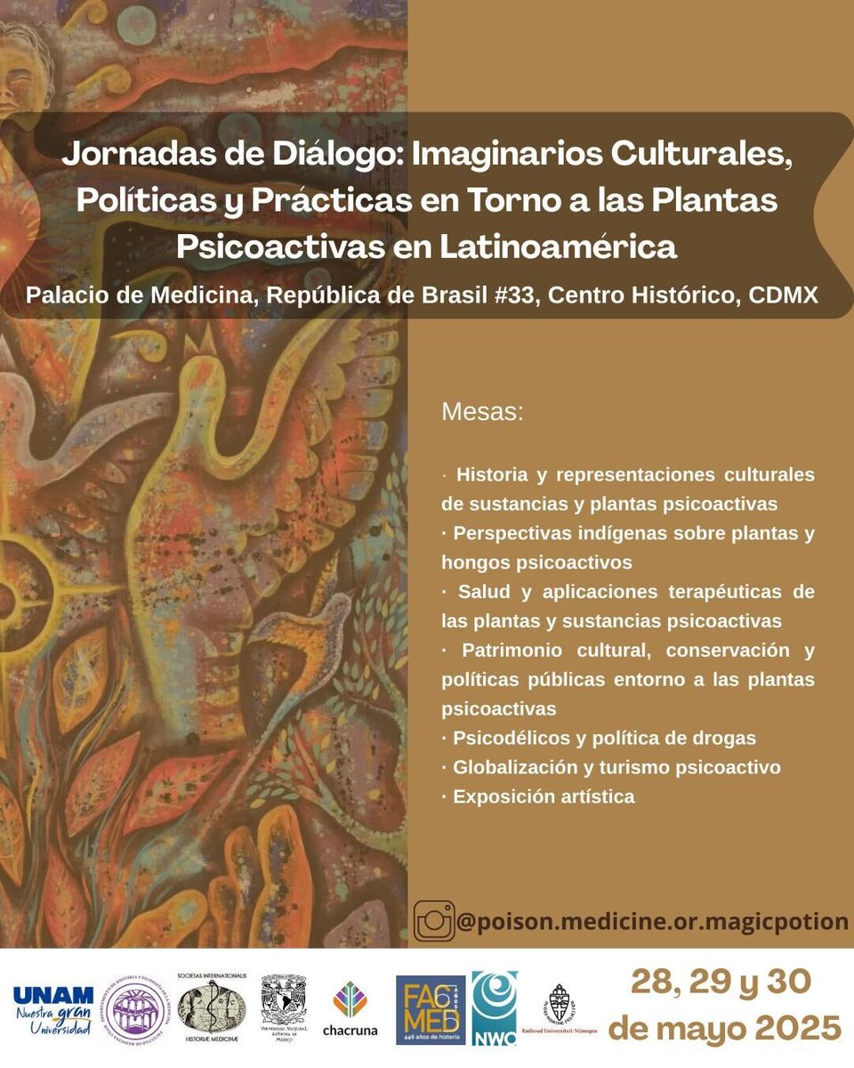 ✨ ¡Chacruna Institute y Chacruna Lationoamérica estarán presente en las Jornadas de Diálogo sobre Plantas Psicoactivas! 🌿

📍 Palacio de Medicina, CDMX
📆 28-30 mayo | Entrada libre
🎟️ Registro: bit.ly/42P553E