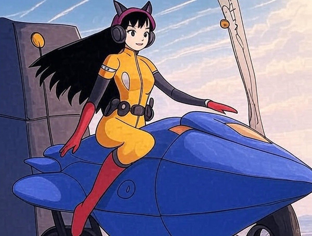 orcapodstudio's tweet photo. I turned my art piece into an anime using Grok and this is its results. This is the best image after trial and error which I can do a bit better with it, but it is mostly OK. #AIArt #Grok #AnimeArt #ScienceFiction ##2000AnimeArtStyle #RingWorld #hoverbike #CatHeadphones #Biker https://t.co/YlfWVWpxaX