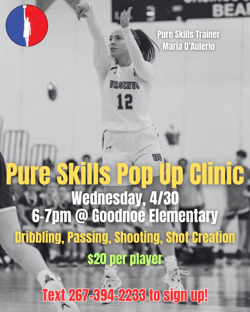 🏀 🏀 🏀 
Join Coach Maria this Wednesday, 4/30 from 6-7pm @ Goodnoe Elementary in Newtown for a Pop Up Skills Clinic! 

Text 267-394-2233 to sign up!

🏀 🏀 🏀