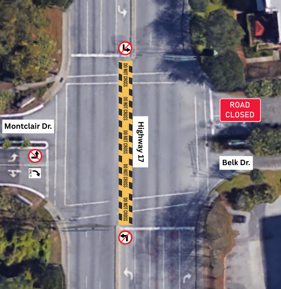 The intersection of Highway 17 at Belk Drive and Montclair Drive is now partially open. All Left Turn Lanes are still Closed. Belk Drive to Highway 17 is still Closed. All traffic Exiting Montclair must Turn Right. Traffic should not cross over Highway 17.
#mtpscnew #trfcnews