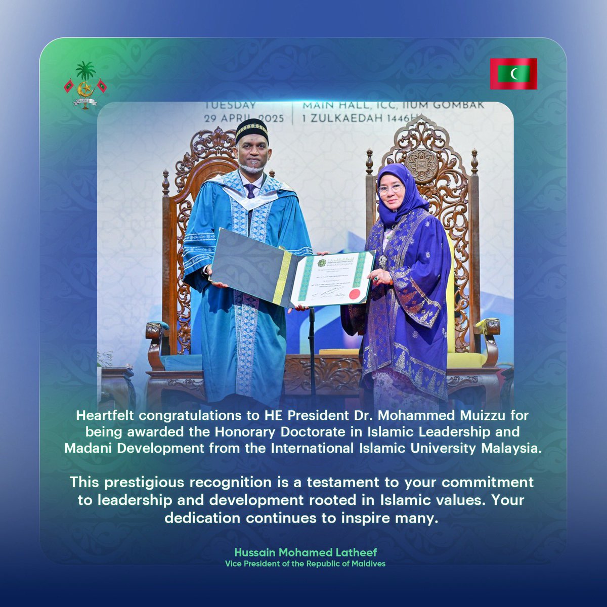 Heartfelt congratulations to HEP <a href="/MMuizzu/">Dr Mohamed Muizzu</a> for being awarded the Honorary Doctorate in Islamic Leadership and Madani Development from the <a href="/OfficialIIUM/">Official IIUM</a>.