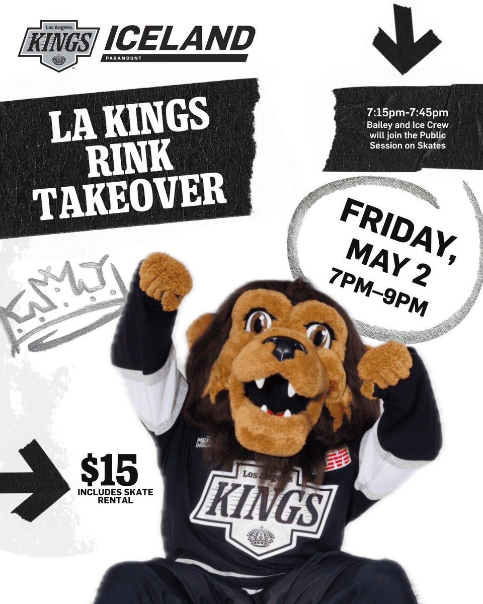Celebrate the playoffs here at Iceland on Friday Night May 2nd from 7pm-9pm! Join Bailey and the LA Kings Ice Crew during our public session with a special rate of $15 and free skate rentals #gokingsgo