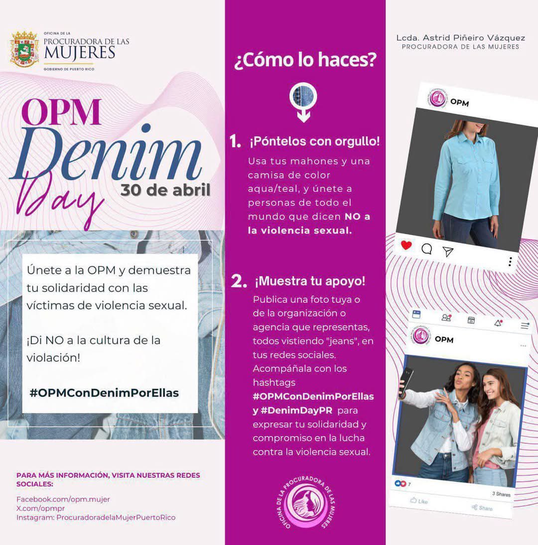 Junta Reglamentadora Servicio Público (@juntajrsp) on Twitter photo 👖👕Nos unimos a la iniciativa de la <a href="/OPMpr/">Oficina de la Procuradora de las Mujeres</a> en contra de la violencia sexual. Los exhortamos a vestir un mahón y camiseta de color aqua/teal en solidaridad con las víctimas de violencia sexual, mañana miércoles, 30 de abril.
<a href="/lafortalezadepr/">La Fortaleza</a> 👖👕Nos unimos a la iniciativa de la <a href="/OPMpr/">Oficina de la Procuradora de las Mujeres</a> en contra de la violencia sexual. Los exhortamos a vestir un mahón y camiseta de color aqua/teal en solidaridad con las víctimas de violencia sexual, mañana miércoles, 30 de abril.
<a href="/lafortalezadepr/">La Fortaleza</a>