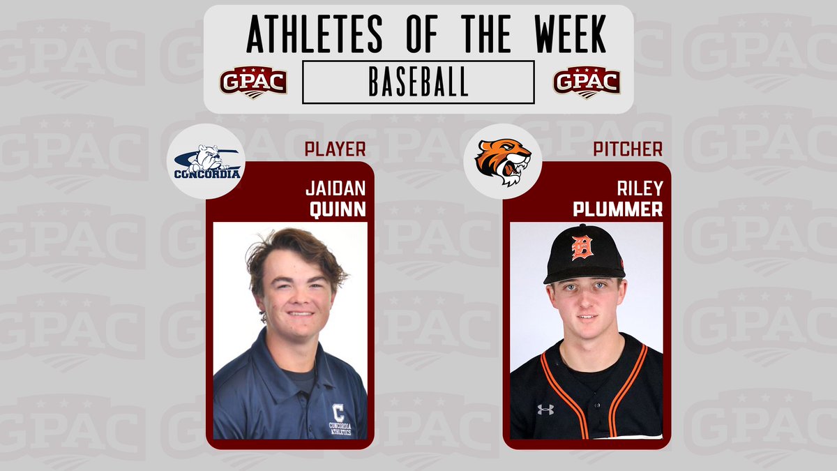 GPACSports's tweet photo. BASEBALL - Week #12 GPAC Baseball Honors Named.  Jaidan Quinn from @cunebulldogs named player of the week, with Riley Plummer from @DoaneAthletics named pitcher of the week.

Read More:
https://t.co/Zjlg9kTgTS https://t.co/tVbpCNjaAq
