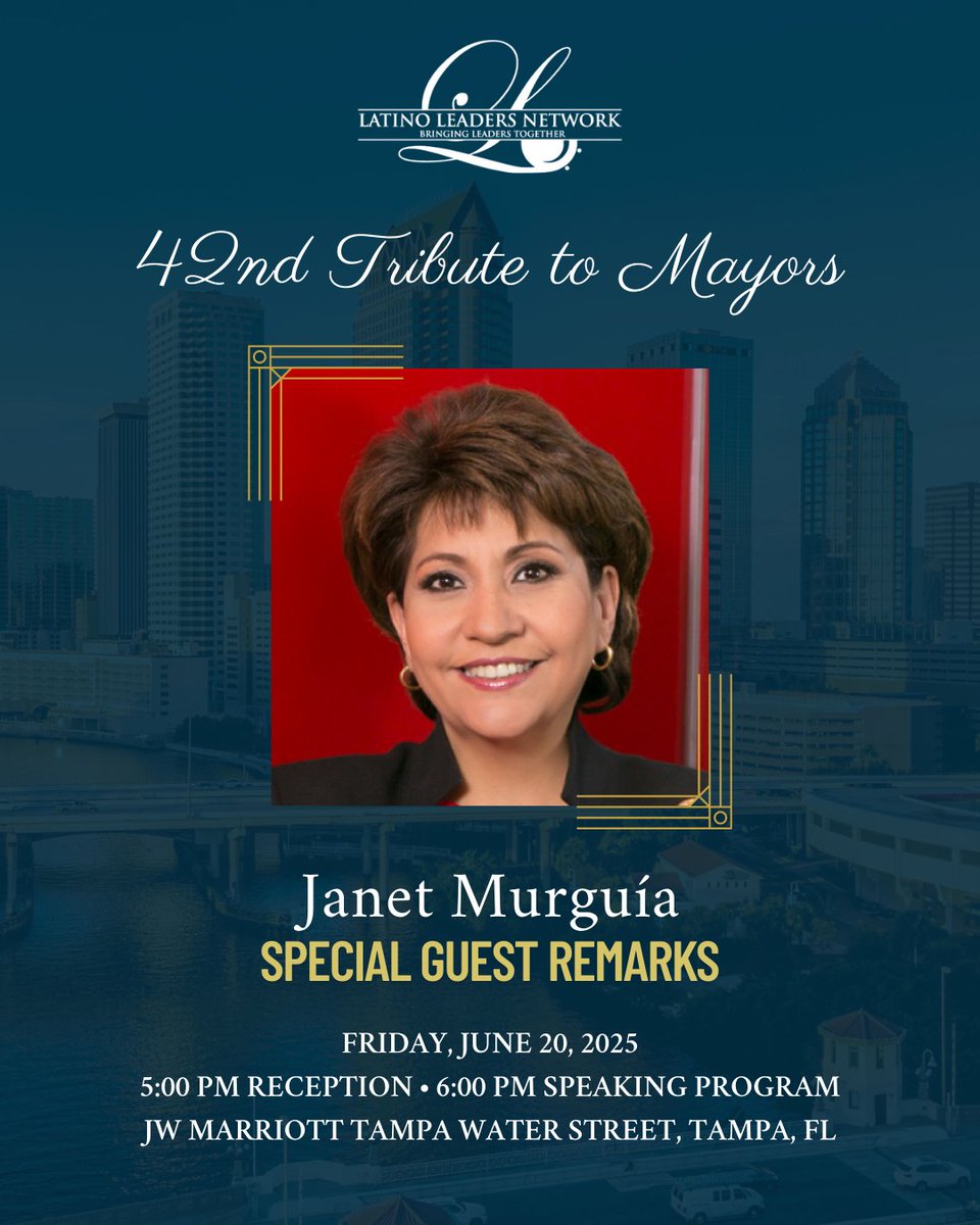 Latino Leaders Network (@lln_usa) on Twitter photo LLN is excited to welcome <a href="/JMurguia_Unidos/">Janet Murguía</a>, President/CEO of UnidosUS, for special remarks at the 42nd #TributetoMayors! This exclusive event in Tampa will honor Mayor <a href="/KirkPWatson/">Mayor Kirk Watson</a> w/ the Antonio Villaraigosa Leadership Award & celebrate 20+ years of "Bringing Leaders Together." LLN is excited to welcome <a href="/JMurguia_Unidos/">Janet Murguía</a>, President/CEO of UnidosUS, for special remarks at the 42nd #TributetoMayors! This exclusive event in Tampa will honor Mayor <a href="/KirkPWatson/">Mayor Kirk Watson</a> w/ the Antonio Villaraigosa Leadership Award & celebrate 20+ years of "Bringing Leaders Together."