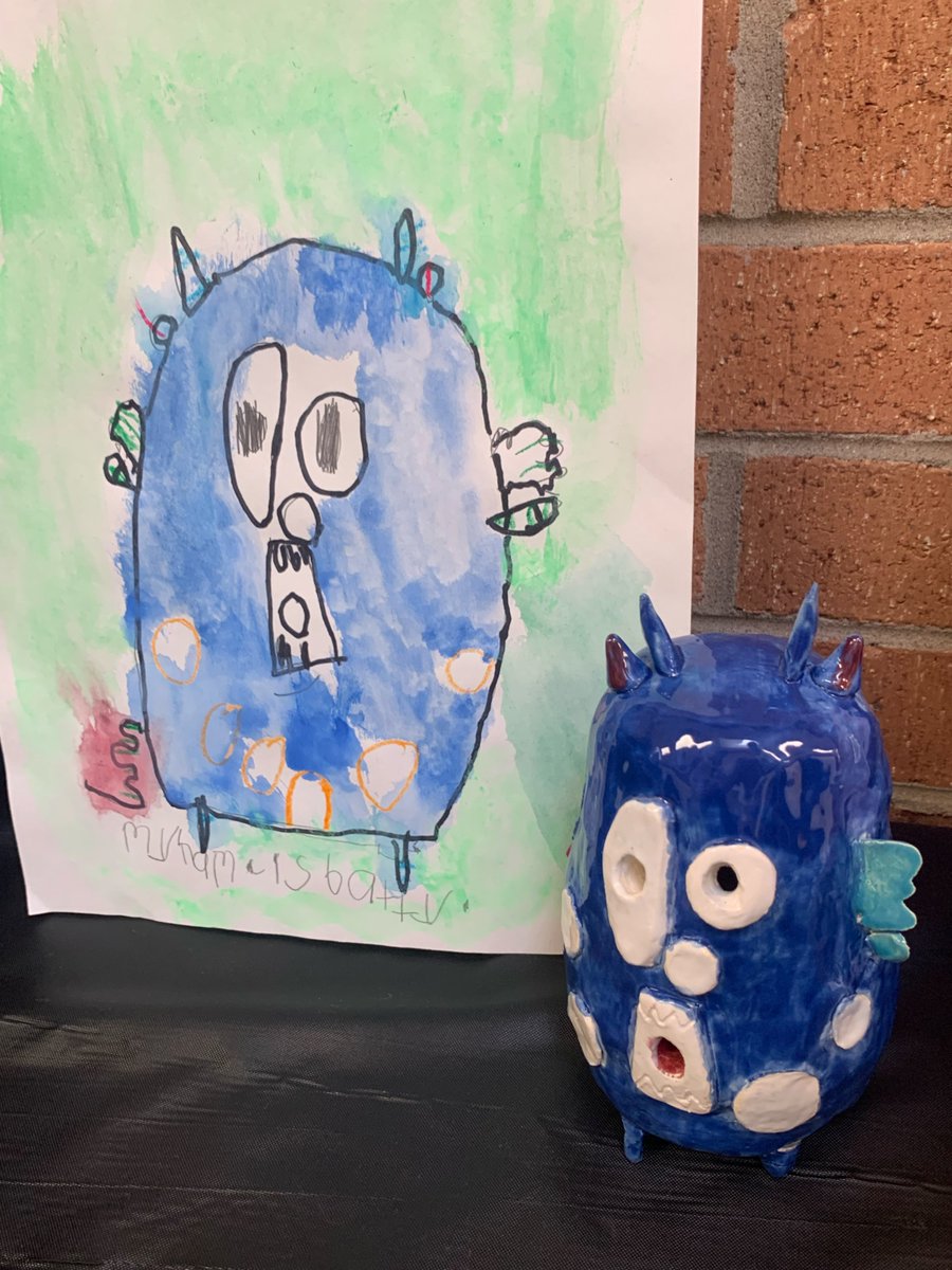 1st grade artists created drawings of colorful monsters &amp; aliens. 👹👽 Then High school ceramic students brought the wild ideas to life as ceramic sculptures. 🗿 Come see this creative collab &amp; other artwork at our Fine Arts Gala THIS Friday, May 2 at 7pm in the DCHS auditorium!