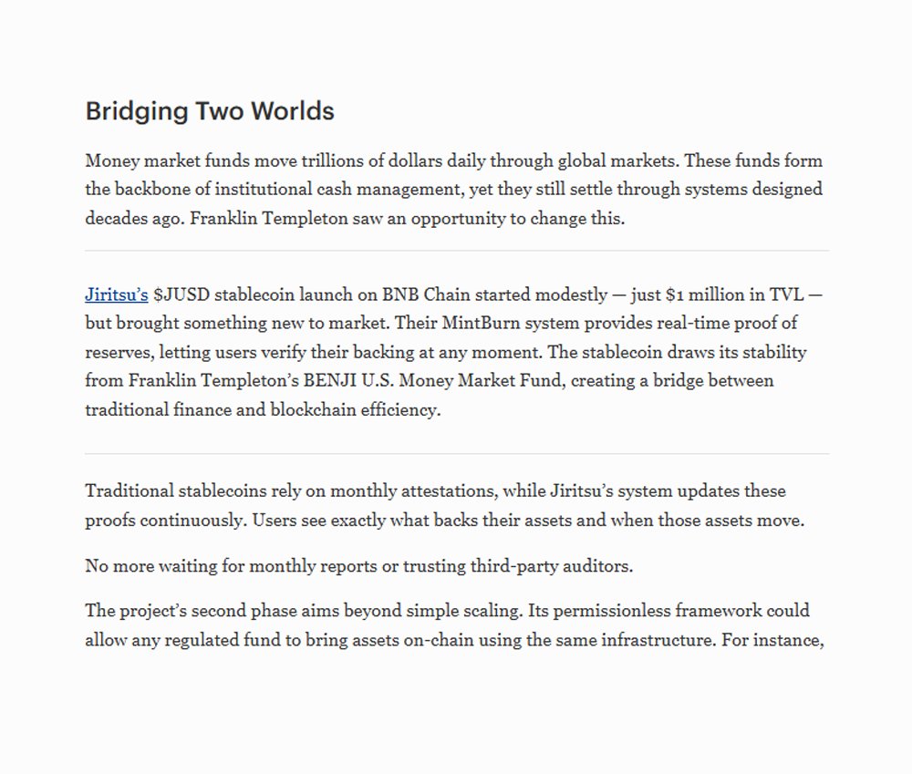 Jiritsu Network (@jiritsu_network) on Twitter photo $JUSD isn’t just another stablecoin, and @forbes is taking notice.👀
Fully backed by <a href="/FTI_US/">Franklin Templeton</a>'s BENJI Fund, it’s the foundation for a real-time, verifiable bridge between money markets and DeFi.
The future of institutional cash management is here, and it’s provable.👇 $JUSD isn’t just another stablecoin, and @forbes is taking notice.👀
Fully backed by <a href="/FTI_US/">Franklin Templeton</a>'s BENJI Fund, it’s the foundation for a real-time, verifiable bridge between money markets and DeFi.
The future of institutional cash management is here, and it’s provable.👇