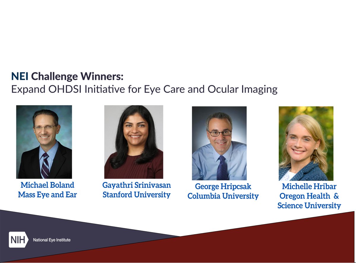 Michael F. Chiang, MD (@neidirector) on Twitter photo Congratulations to our 4 <a href="/NatEyeInstitute/">NEI</a> $1M OHDSI Vision Challenge winners working to expand federated open science research to advance eye health.
@HMSEye <a href="/StanfordMed/">Stanford Medicine</a> <a href="/ColumbiaPS/">Columbia Vagelos College of Physicians & Surgeons</a> <a href="/ColumbiaDBMI/">Columbia DBMI</a> <a href="/CaseyEye/">OHSU Casey Eye</a>
<a href="/DrDrBoland/">Michael Boland, MD, PhD</a> <a href="/MichelleHolm15/">Michelle R Hribar</a> <a href="/OHDSI/">OHDSI</a>
Details: bit.ly/435uHui Congratulations to our 4 <a href="/NatEyeInstitute/">NEI</a> $1M OHDSI Vision Challenge winners working to expand federated open science research to advance eye health.
@HMSEye <a href="/StanfordMed/">Stanford Medicine</a> <a href="/ColumbiaPS/">Columbia Vagelos College of Physicians & Surgeons</a> <a href="/ColumbiaDBMI/">Columbia DBMI</a> <a href="/CaseyEye/">OHSU Casey Eye</a>
<a href="/DrDrBoland/">Michael Boland, MD, PhD</a> <a href="/MichelleHolm15/">Michelle R Hribar</a> <a href="/OHDSI/">OHDSI</a>
Details: bit.ly/435uHui