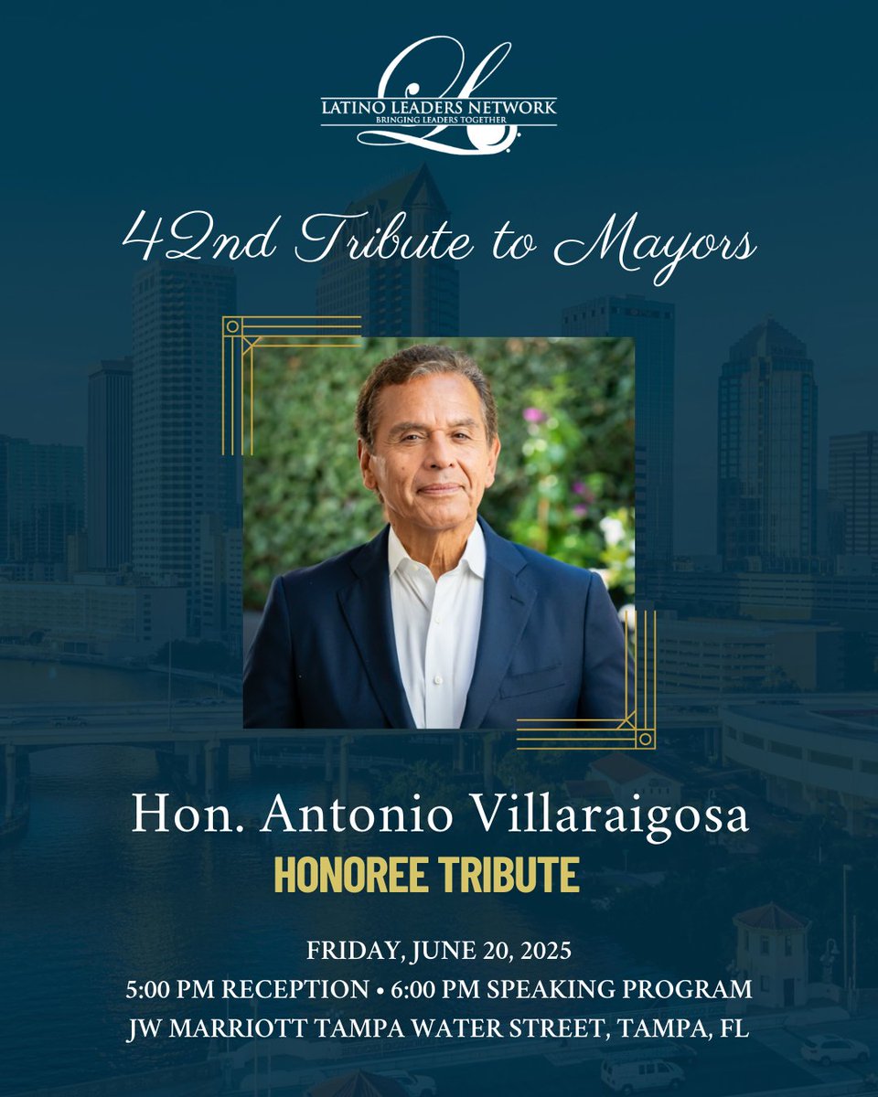 Latino Leaders Network (@lln_usa) on Twitter photo Less than a week until the 42nd #TributetoMayors on June 20 in Tampa, during <a href="/usmayors/">U.S. Mayors</a> summer meeting! <a href="/AVillaraigosa/">Antonio Villaraigosa</a> will present the Antonio Villaraigosa Leadership Award to Mayor <a href="/KirkPWatson/">Mayor Kirk Watson</a> of Austin, honoring his work in uniting diverse communities. #LatinoLeadersNetwork Less than a week until the 42nd #TributetoMayors on June 20 in Tampa, during <a href="/usmayors/">U.S. Mayors</a> summer meeting! <a href="/AVillaraigosa/">Antonio Villaraigosa</a> will present the Antonio Villaraigosa Leadership Award to Mayor <a href="/KirkPWatson/">Mayor Kirk Watson</a> of Austin, honoring his work in uniting diverse communities. #LatinoLeadersNetwork