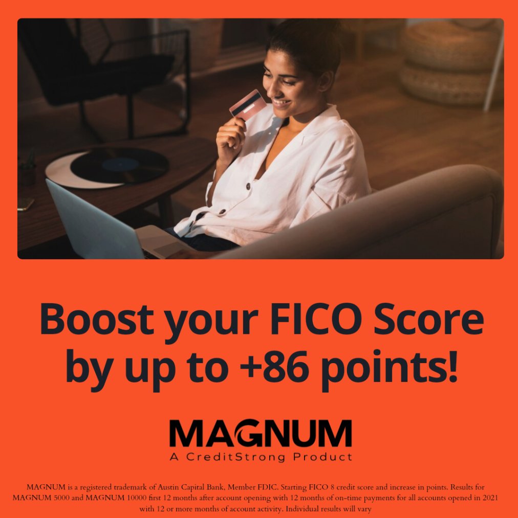 Magnum_Credit's tweet photo. Building credit doesn't have to be a struggle. With MAGNUM, you can create a substantial credit history with low monthly payments and potentially boost your FICO Score by up to 86 points! https://t.co/JlQkUi5emx #MAGNUMcredit #CreditBuilding #FICOBoost https://t.co/SivSi5WaKu