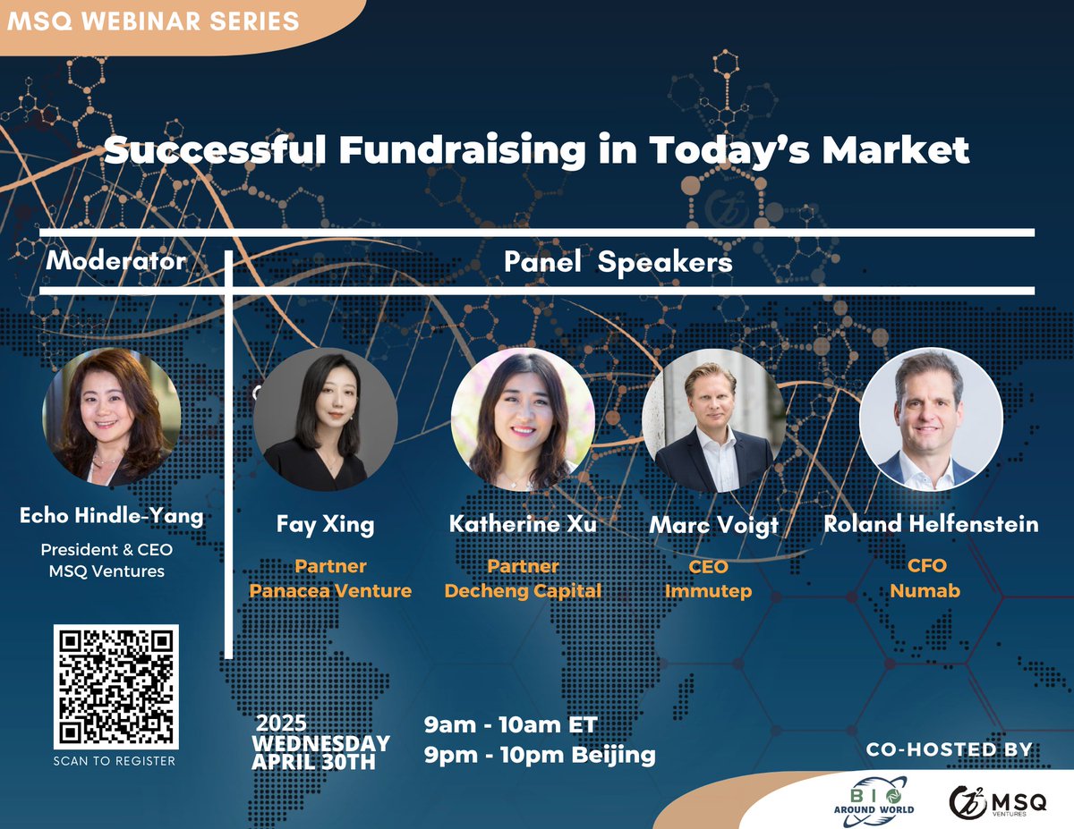 Last chance to register!
Biotech fundraising in 2025 is all about strategy &amp; execution.

April 30 | 9AM ET / 9PM BJT

🎤 Fay Xing | Katherine Xu | Marc Voigt | Roland Helfenstein

Secure your spot now! us02web.zoom.us/webinar/regist…

#Biotechnology #Fundraising #VC #HealthcareInvesting
