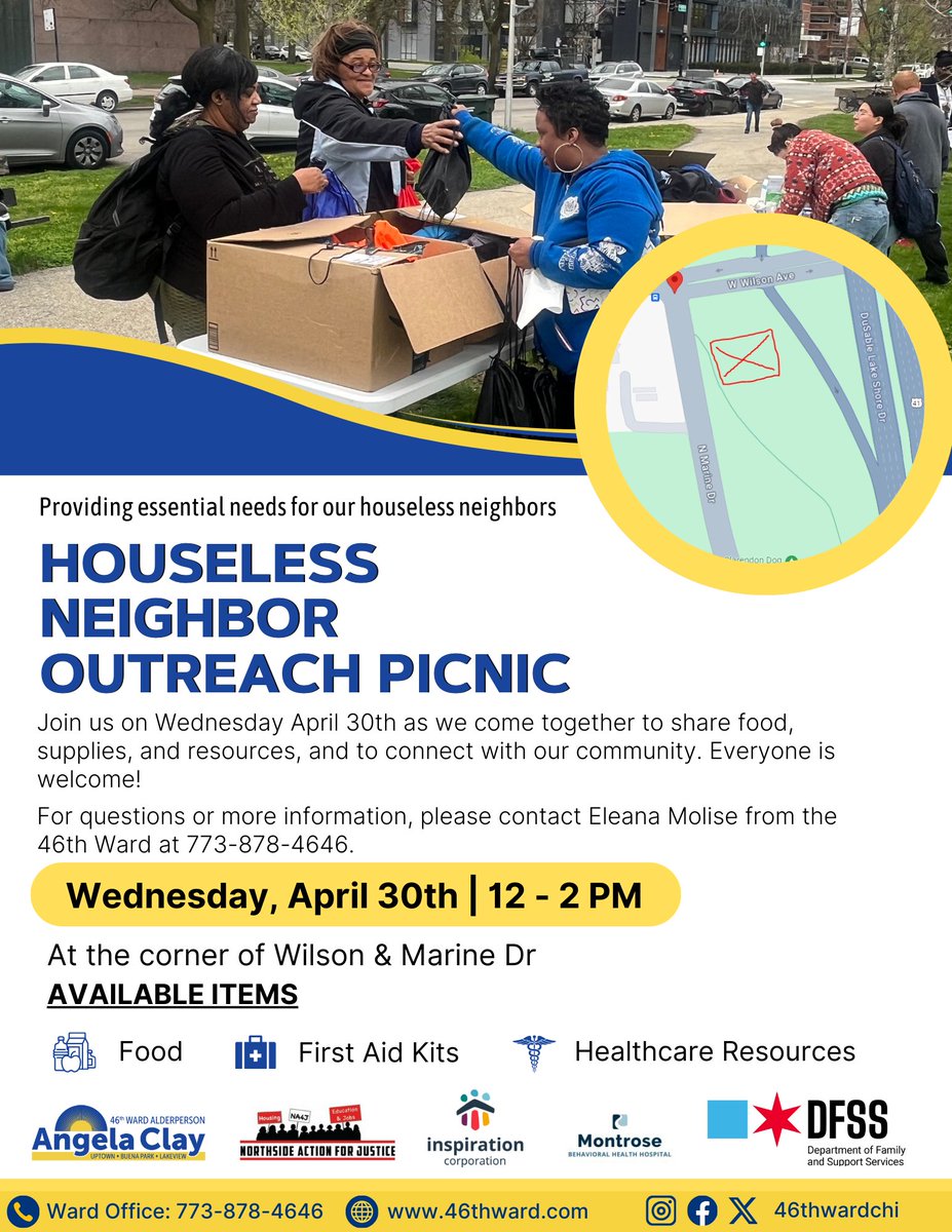 Chicago Department of Family & Support Services (@chifamsupport) on Twitter photo Join DFSS, <a href="/46thWardChi/">Alderwoman Angela Clay</a> and community partners from 12 to 2 p.m. tomorrow, April 30, for the Houseless Neighbor Outreach Picnic at the corner of Wilson Ave. and Marine Dr.
Come together to share food, supplies and resources and to connect with the community.
All are welcome! Join DFSS, <a href="/46thWardChi/">Alderwoman Angela Clay</a> and community partners from 12 to 2 p.m. tomorrow, April 30, for the Houseless Neighbor Outreach Picnic at the corner of Wilson Ave. and Marine Dr.
Come together to share food, supplies and resources and to connect with the community.
All are welcome!