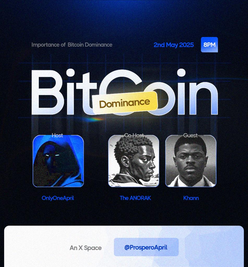 ProsperoApril's tweet image. What is the future of ₿itcoin💰? 

Is there still hope for the bull szn🤔? 

Well, join us on Friday, May 2nd. 🎙 
As we break down #Bitcoin from its Technicals to its fundamental strength. 

I, Satoshi Jnr ✨️, and my well learned colleagues @_kingswayne &amp;amp; @_Konqueror_Khan…