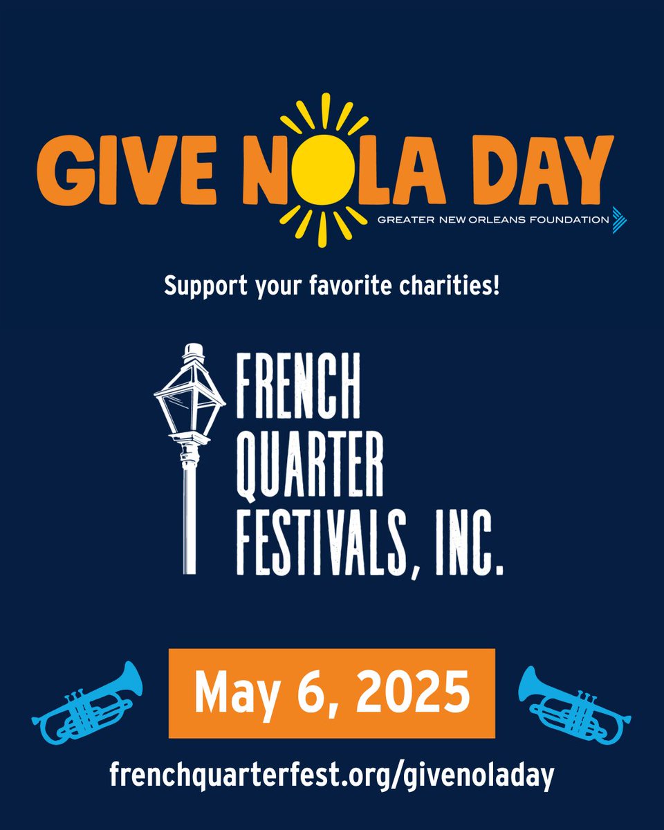FQFestNOLA's tweet image. 🎺The festival you love needs YOU!
We're kicking off our GiveNOLA Day campaign to ensure your favorite free festival can continue creating opportunities for our local community.
Early giving is OPEN. Every dollar keeps the music playing. Donate today at frenchquarterfest.org/givenoladay.