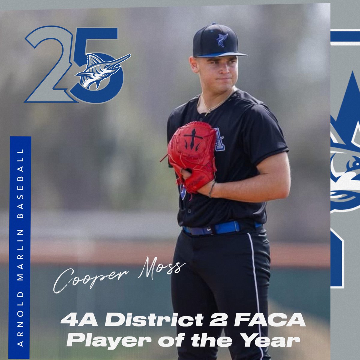 Congratulations Cooper Moss for being chosen the 4A District 2 FACA Player of the Year! Cooper will represent the district in the FACA Senior All-Star Classic May 28th &amp; 29th on Melching Field at Conrad Park in Deland as a member of the North team. Way to go Cooper, #MarlinProud