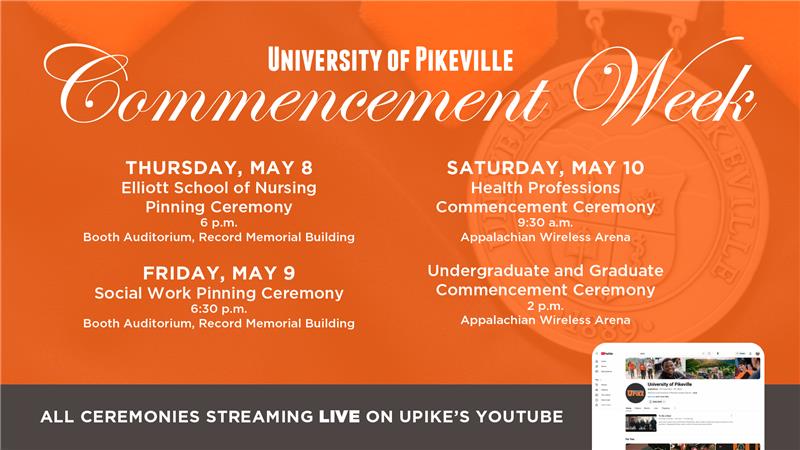 🎓 Commencement Week at the University of Pikeville is just 9 days away!

From May 8–10, we’ll celebrate the incredible achievements of our graduating students across all programs.

Can’t attend in person? Join us live on UPIKE’s YouTube channel. 📺