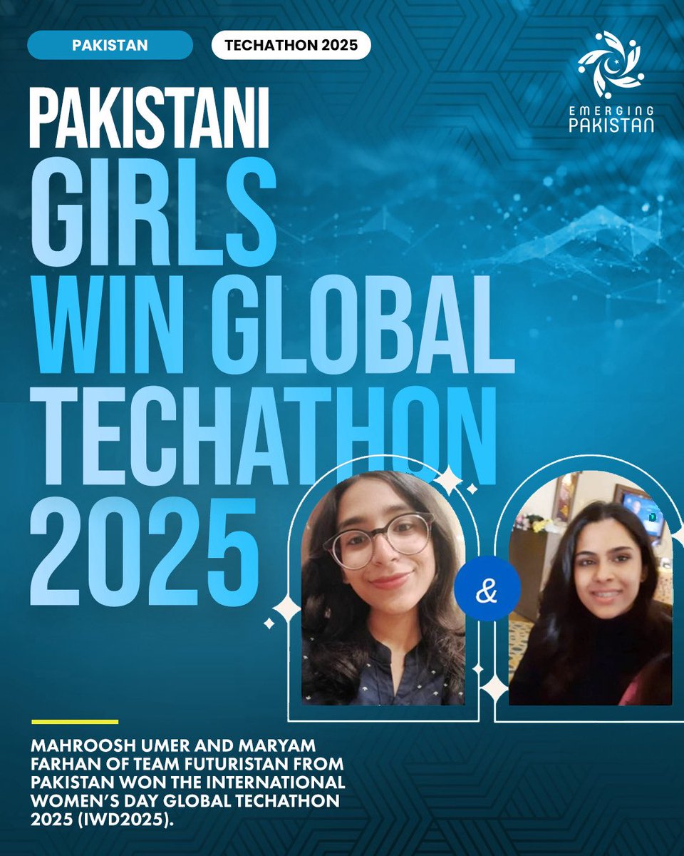 Emergingpk's tweet image. Pakistani innovators Mahroosh Umer &amp;amp; Maryam Farhan of Team Futuristan win big at Global Techathon 2025 (IWD2025)!

Proud moment for Pakistan in global tech!

#EmergingPakistan #Techathon2025 #WomenInTech #IWD2025