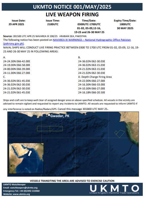 UKMTO NOTICE LIVE WEAPONS FIRING 001/MAY/2025

20250501_ukmto-notice_001_may_2025.pdf

#MaritimeSecurity #MarSec