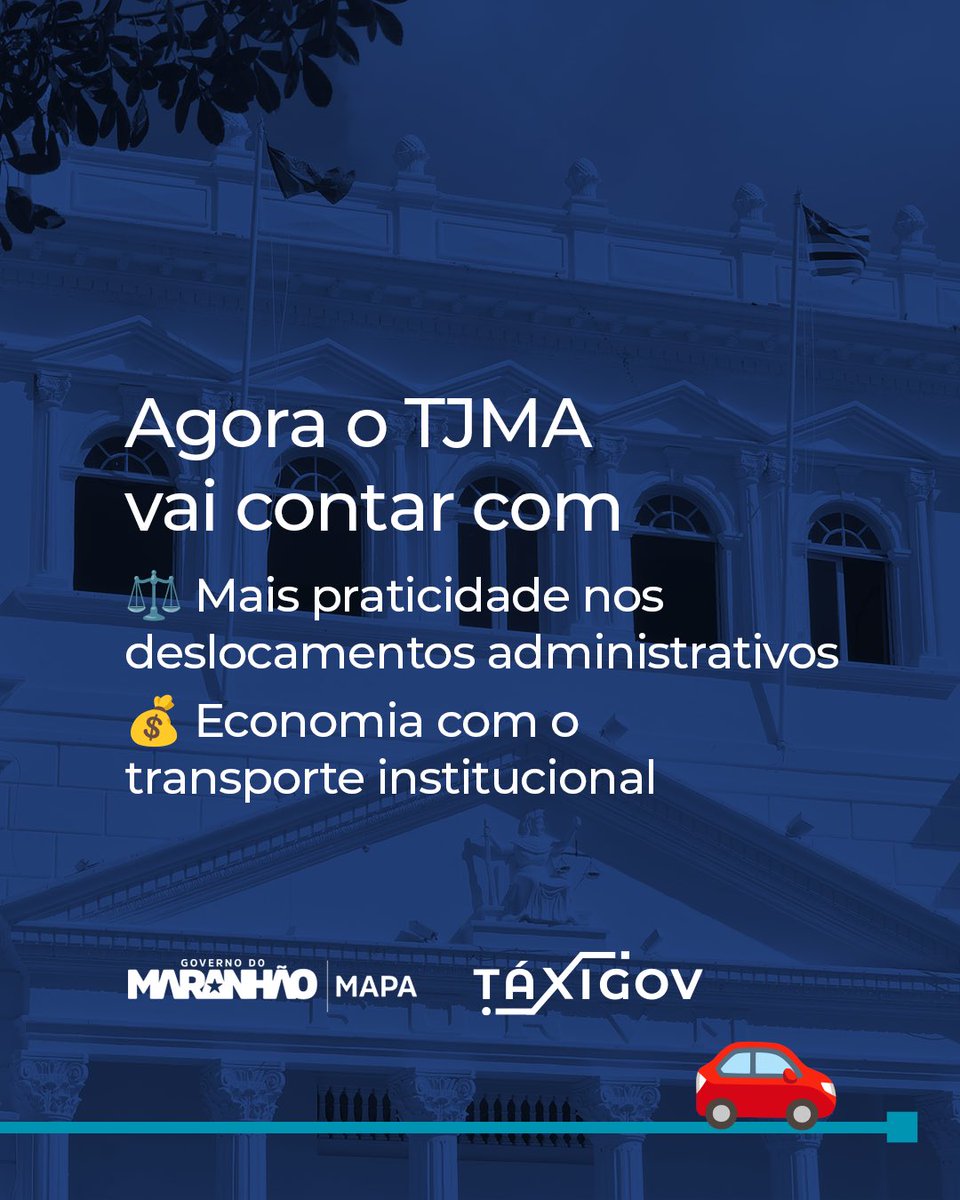 maparcerias's tweet photo. 🚘 Agora é oficial: O @tjmaoficial é o 41º órgão a aderir ao serviço TáxiGov no Maranhão!

💪🏽 Com a adesão, magistrados, servidores e colaboradores passam a contar com um serviço de transporte mais moderno, seguro e econômico. 

Saiba mais em https://t.co/2JZbi6QxSU. https://t.co/jUXuQ7ZShK