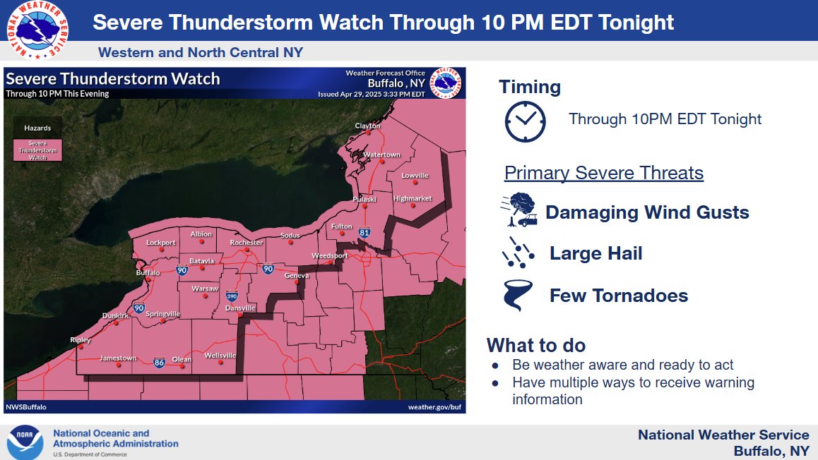 A Severe Thunderstorm Watch is in effect for western and north central NY through 10 PM Tonight. Be weather aware and ready to act if a warning is issued for your area.