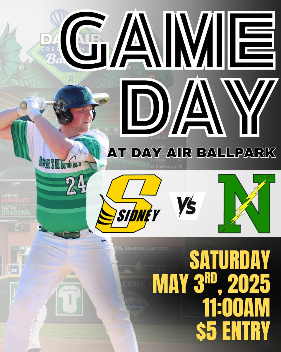 ⚾ Northmont Varsity takes on Sidney this Saturday at 11AM at Day Air Ballpark, home of the Dayton Dragons! 
🎟️ $5 entry supports Bolts Baseball.
🎟️ Get tickets: am.ticketmaster.com/dragons/buy/qu…